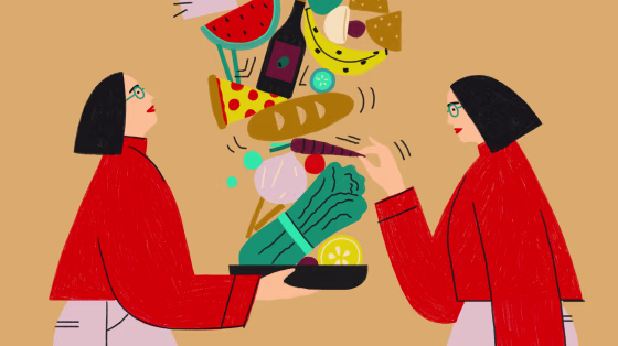 Illustration of woman pulling food from a jenga of food items.