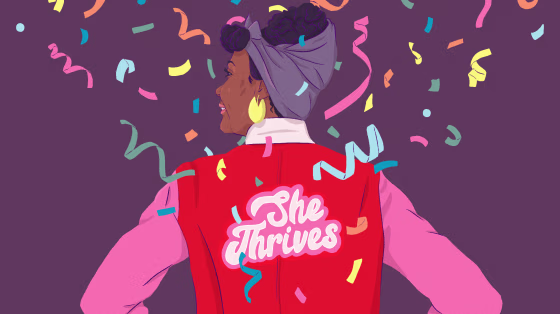 Illustration of woman wearing a jacket with \"She Thrives\" embroidered on the back.