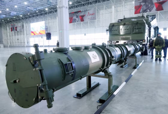 Image: Components of SSC-8/9M729 cruise missile system are on display during a news briefing near Moscow