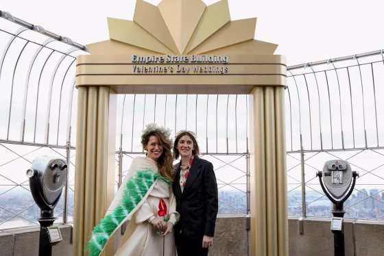 Image: Helena Barquet and Fabiana Faria following their Valentine's Day wedding ceremony at the Empire State Building in New York on Feb. 14, 2019.