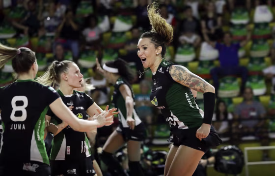 Image: Bauru volleyball player Tiffany Abreu celebrates with teammates in Brazil on Dec. 19, 2017.