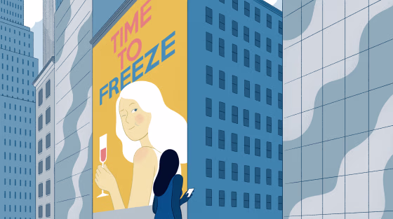 Illustration of woman in front of a sign advertising egg freezing.