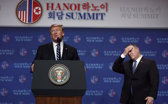 Image: President Donald Trump speaks as Sec. of State Mike Pompeo looks on during a news conference after a summit with North Korean leader Kim Jong Un,
