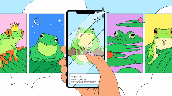 Illustration of hand swiping through frog dating profiles.