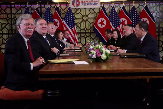 Image: FILE PHOTO: North Korea's leader Kim Jong Un and President Donald Trump attend the extended bilateral meeting in the Metropole hotel during the second North Korea-U.S. summit in Hanoi