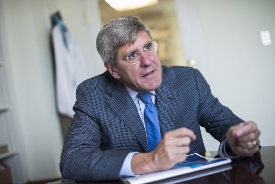 Stephen Moore of The Heritage Foundation is interviewed in his Washington office in 2016.
