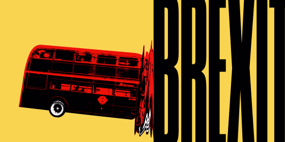 Illustration of a double-decker bus crashing into BREXIT in large letters.