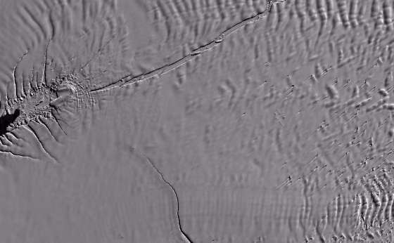 This satellite photo taken on March 16 shows a rift creeping northward along Antarctica's Brunt Ice Shelf, while another fissure, known as the Halloween Crack, extends east toward the Weddell Sea.
