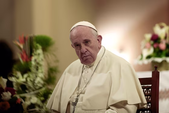 Image: Pope Francis sits during a meeting with Catholic priests and other representatives in Rabat, Morocco, on March 31, 2019.