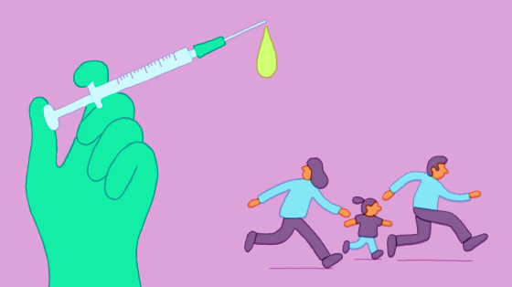 Illustration of family running away from a gloved hand administering a vaccine.