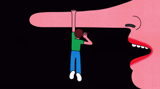 Illustration of man hanging from a pinnochio nose.