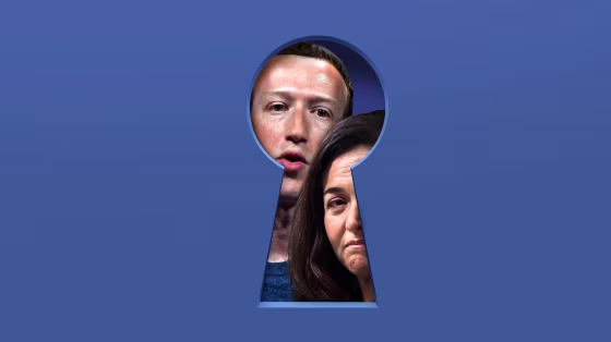 Illustration of Mark Zuckerberg and Sheryl Sandberg peaking out from a key hole.