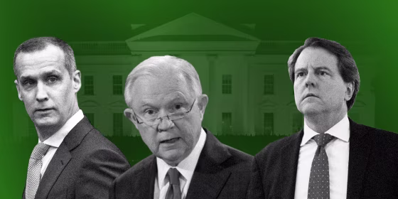 Photo illustration of Corey Lewandowski, Jeff Sessions, and Dan McGahn.