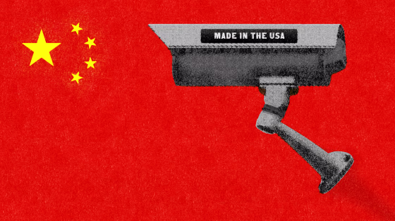 Illustration of surveillance camera with Made in America sticker on a Chinese flag.
