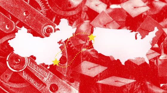 Illustration of outlines of China and The United States with a line connected the two locations.