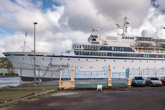Image: The Freewinds cruise ship owned by the Church of Scientology is seen docked in quarantine at the Point Seraphine terminal in Castries, Saint Lucia