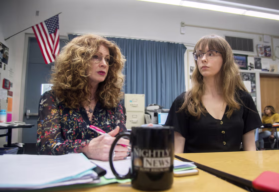 Bear Creek High School student newspaper adviser Kathi Duffel, left, and student journalist Bailey Kirkeby talk about the Lodi Unified School District's attempts at suppressing a story that Kirkeby wrote about a current 18-year-old student who works in the porn industry, in Stockton, California on April 26, 2019.