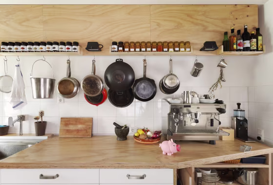 Counter space and cooking utensils in modern kitchen