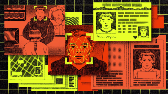 Illustration of layered drivers license, booking forms, surveillance footage, and face recognition points displayed on the face of a man.
