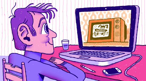 Illustration of person sitting at table streaming a cartoon on old fashioned TV on a laptop screen.