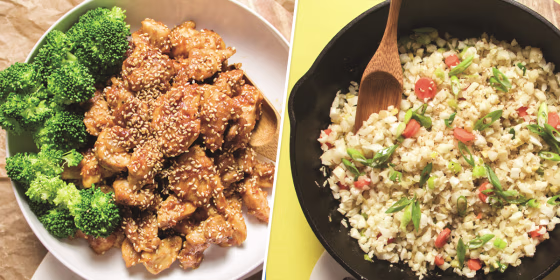 Asian paleo sesame chicken and simple cauliflower fried rice