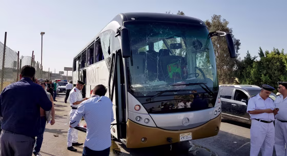 Image: A damaged bus near the site of a blast near the Giza pyramids in Cairo, Egypt, on May 19, 2019.