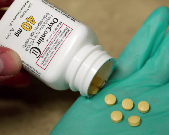 Image: A pharmacist holds prescription painkiller OxyContin at a local pharmacy in Provo