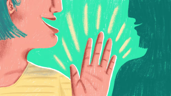 Illustration of a woman talking to a silhouetted stranger.