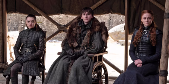From left, Maisie Williams, Isaac Hempstead Wright and Sophie Turner in the series finale of \"Game of Thrones.\"