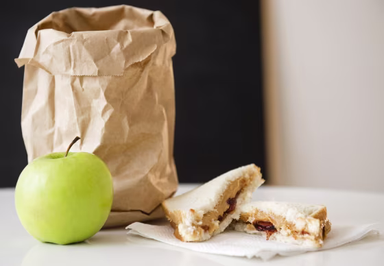 Studio Shot of green apple and sandwich next to paper bag