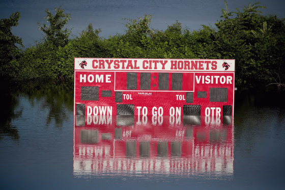 Image: Floodwater from the Mississippi River covers the Crystal City High School football field on May 30, 2019 in Crystal City, Missouri