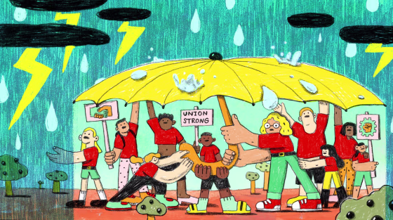 Illustration of group of graduate students holding and standing underneath an umbrella while it rains and storms outside.