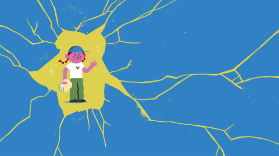 Illustration of mischievous child with a baseball mitt waving through a piece of cracked glass.