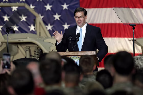 Image: Secretary of the Army Mark Esper speaks to soldiers at Fort Bragg in North Carolina on April 15, 2019.