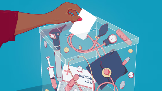 Illustration of a voter casting a ballot in a box full of medical supplies.