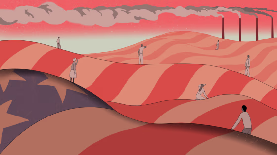 Illustration of overheated people standing on hills made of the American flag, smoke stacks billow in the distance.