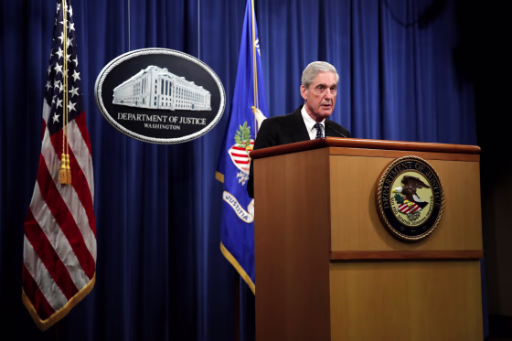 Image: Special Counsel Robert Mueller speaks at the Department of Justice on May 29, 2019.