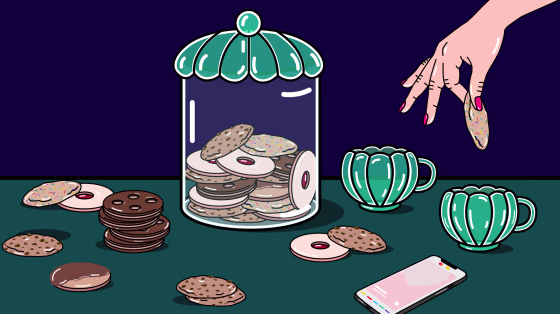 Illustration of cookie jar and a woman dipping a cookie in a cup of tea, a phone with Tinder is on the tabletop.