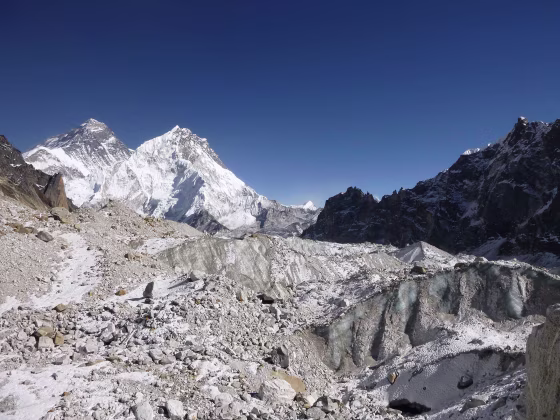 Image: The Changri Nup Glacier in Nepal, much of it covered by rocky debris