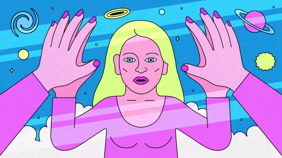 Illustration of woman holding hands up to a mirrorverse where her reflection is shining back at her.
