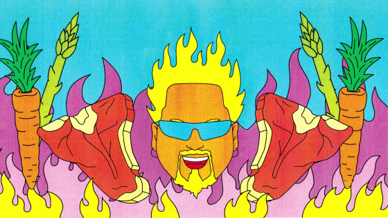 Illustration of Guy Fieri flanked by steaks and vegetables as a smoke rises behind him.