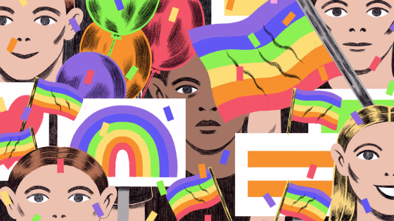 Illustration of black person standing in a sea of white people and pride flags and signs.