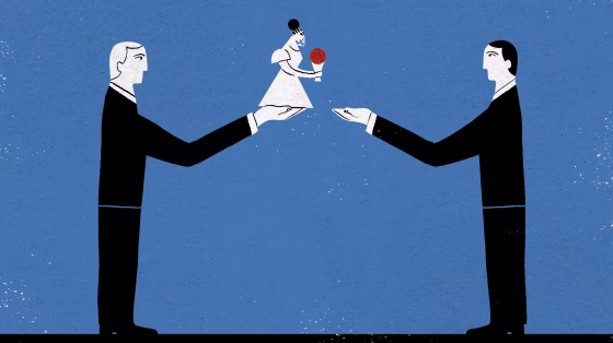Illustration of father handing off a bride to a groom.
