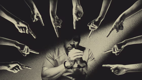 Illustration of fingers pointing at man in handcuffs.