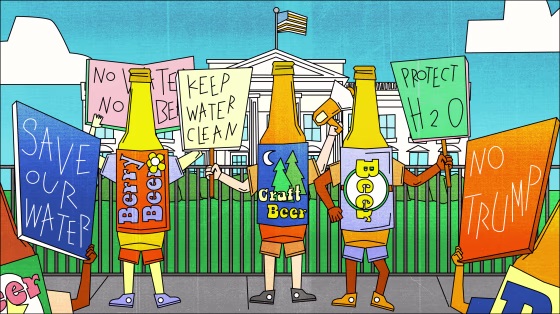 Illustration of craft beer bottle protesting for clean water in front of the White House.