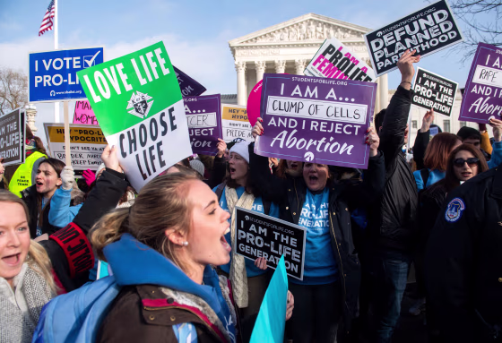 Image: Anti-abortion activists at a \"March for Life\" event outside of Supreme Court