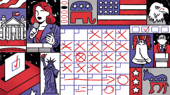 Illustration of a calendar with different political motifs in the panels surrounding it.