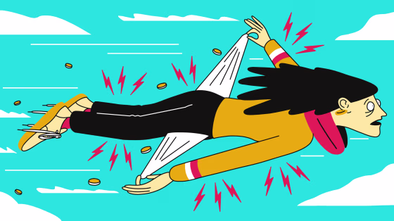 Illustration of stressed out woman flying through the air as coins escape her pockets.
