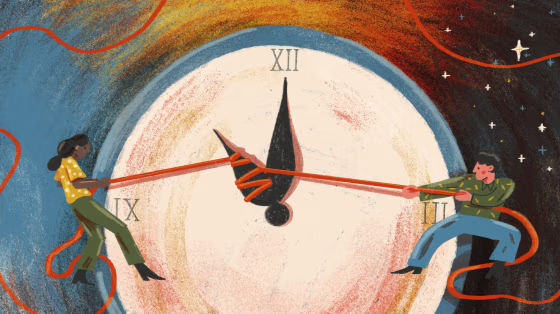 Illustration of two people pulling on strings that control the minute hand of an analog clock.