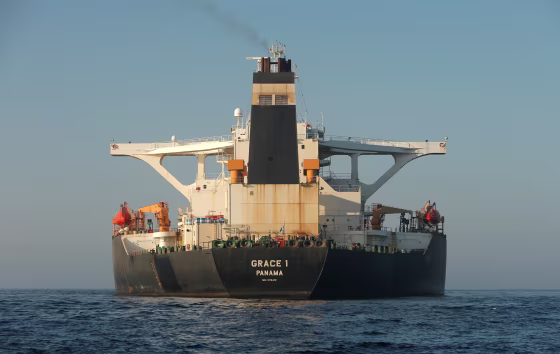 Image: Iranian oil tanker Grace 1 sits anchored after it was seized in July by British Royal Marines off the coast of the British Mediterranean territory, in the Strait of Gibraltar